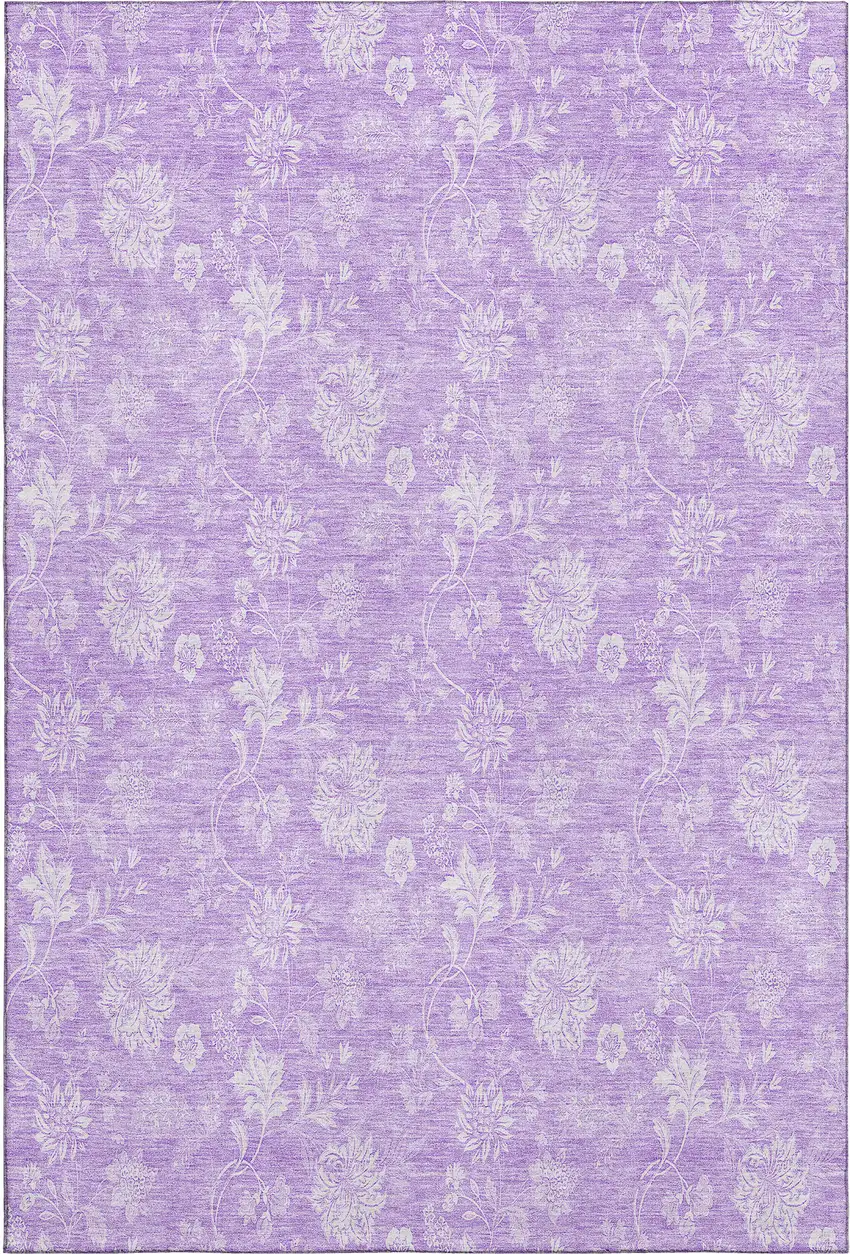 Lilac And Ivory Floral Washable Area Rug With UV Protection Photo 2
