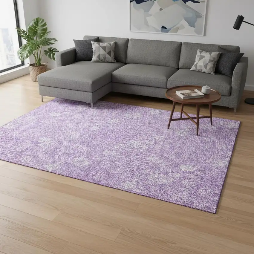 Lilac And Ivory Floral Washable Area Rug With UV Protection Photo 1