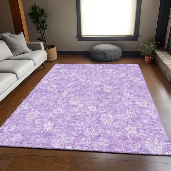 Lilac And Ivory Floral Washable Area Rug With UV Protection Photo 5