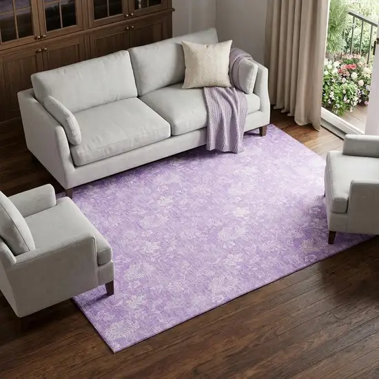 Lilac And Ivory Floral Washable Area Rug With UV Protection Photo 1
