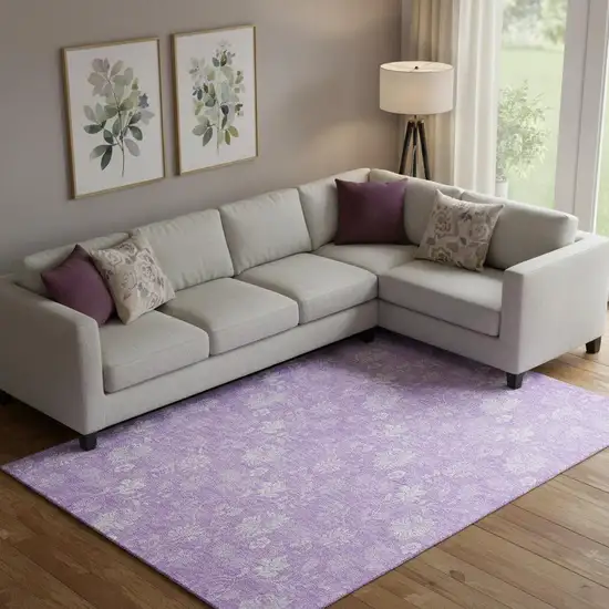 Lilac And Ivory Floral Washable Area Rug With UV Protection Photo 1