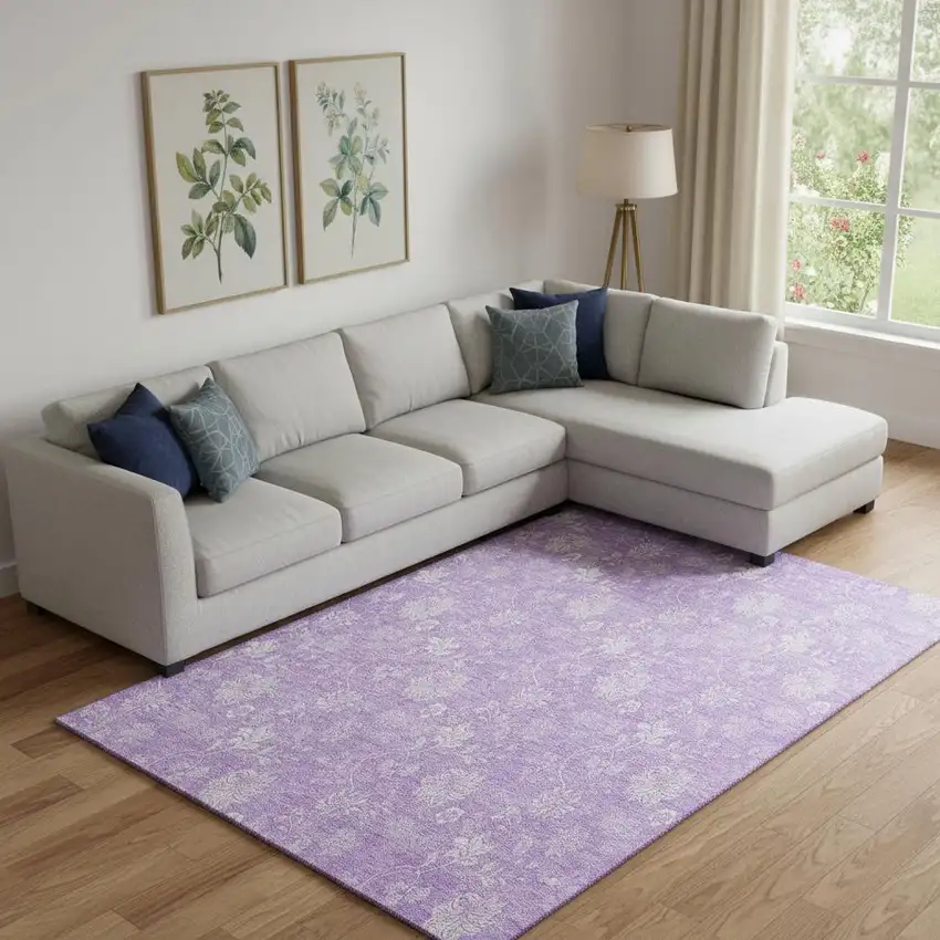 Lilac And Ivory Floral Washable Area Rug With UV Protection Photo 3