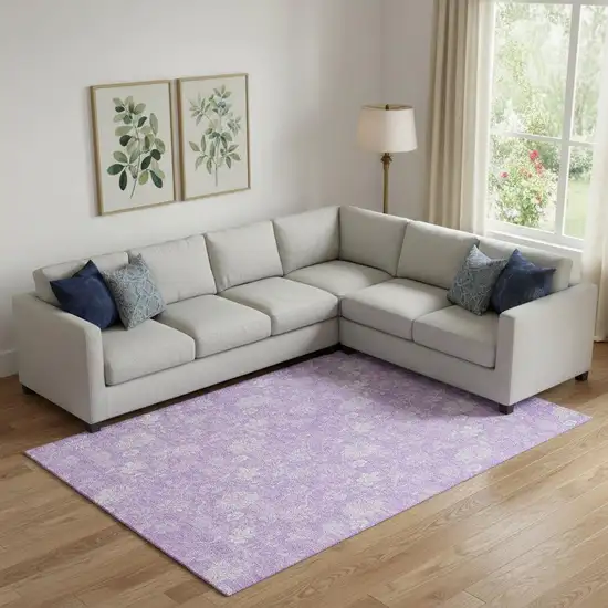 Lilac And Ivory Floral Washable Area Rug With UV Protection Photo 1