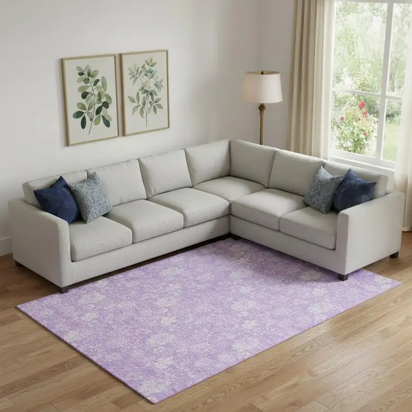 Lilac And Ivory Floral Washable Area Rug With UV Protection Photo 1