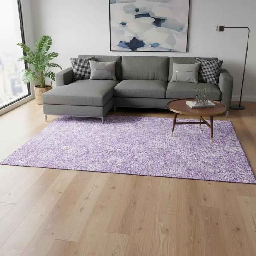 Lilac And Ivory Floral Washable Area Rug With UV Protection Photo 1
