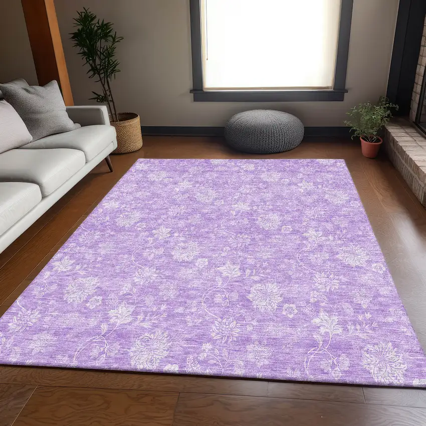 Lilac And Ivory Floral Washable Area Rug With UV Protection Photo 6