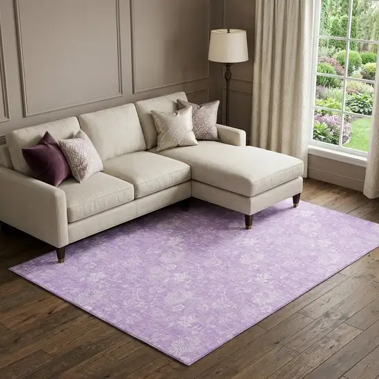 Lilac And Ivory Floral Washable Area Rug With UV Protection Photo 1