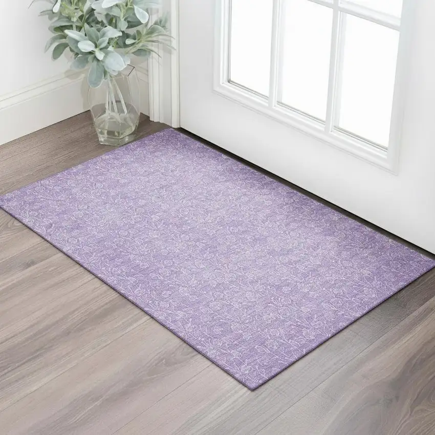 Lilac And Ivory Floral Washable Area Rug With UV Protection Photo 1