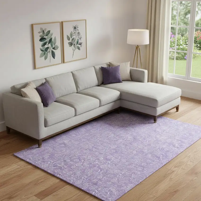 Lilac And Ivory Floral Washable Area Rug With UV Protection Photo 1