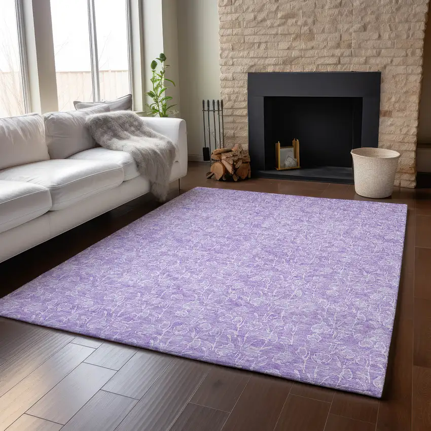 Lilac And Ivory Floral Washable Area Rug With UV Protection Photo 5