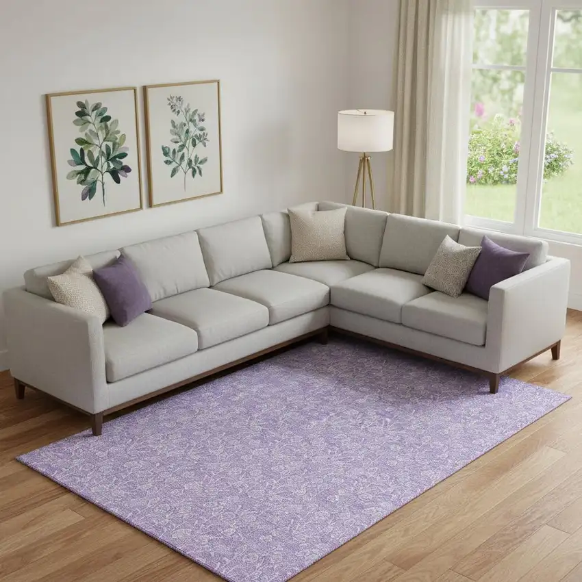 Lilac And Ivory Floral Washable Area Rug With UV Protection Photo 1