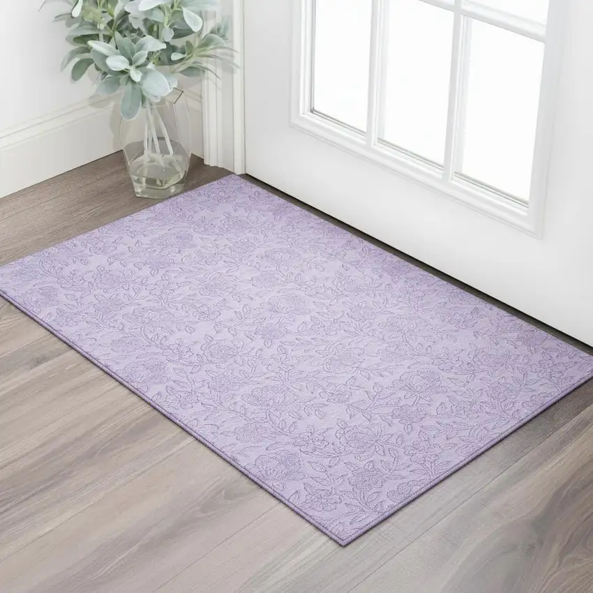 Lilac And Ivory Floral Washable Area Rug With UV Protection Photo 2
