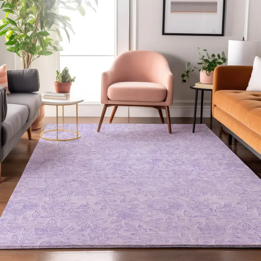 Lilac And Ivory Floral Washable Area Rug With UV Protection Photo 5