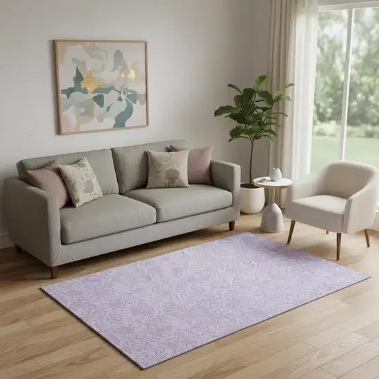 Lilac And Ivory Floral Washable Area Rug With UV Protection Photo 1