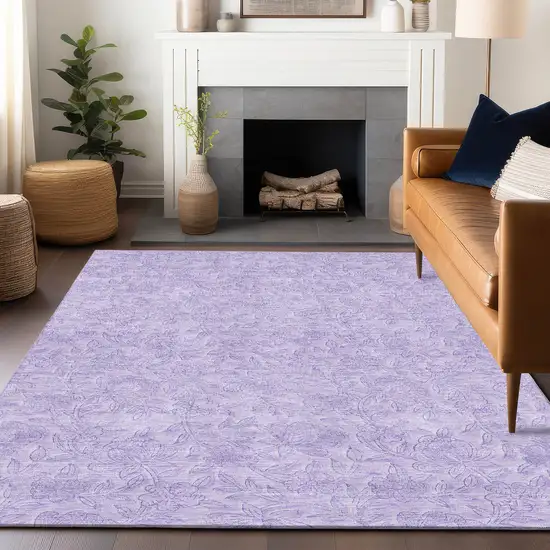 Lilac And Ivory Floral Washable Area Rug With UV Protection Photo 6