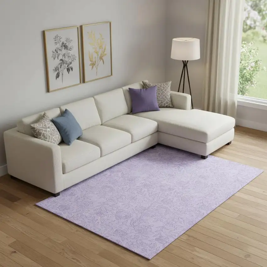 Lilac And Ivory Floral Washable Area Rug With UV Protection Photo 1