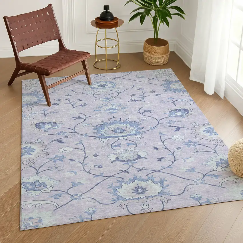 Lilac And Ivory Floral Washable Indoor Outdoor Area Rug Photo 9