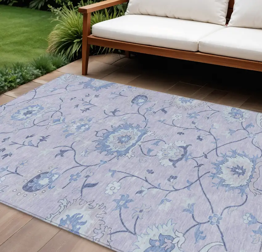 Lilac And Ivory Floral Washable Indoor Outdoor Area Rug Photo 1