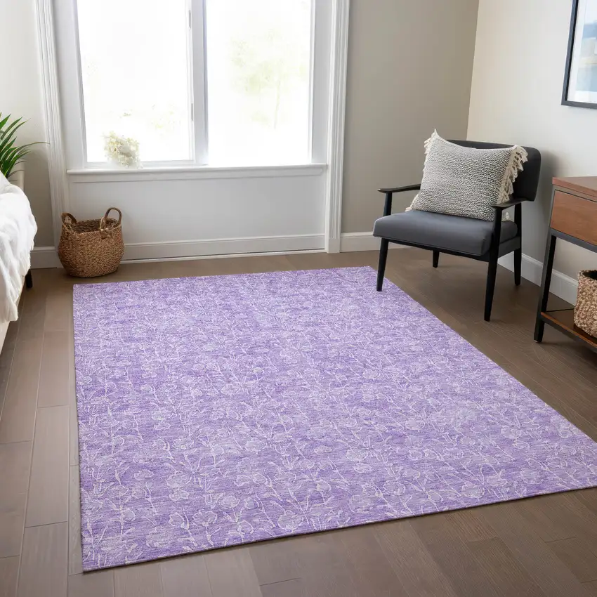 Lilac And Ivory Floral Washable Indoor Outdoor Area Rug Photo 8