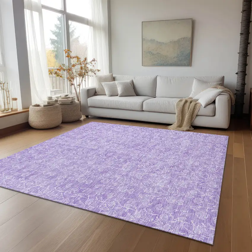 Lilac And Ivory Floral Washable Indoor Outdoor Area Rug Photo 9