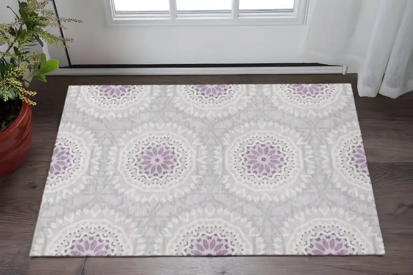 Lilac And Ivory Geometric Washable Area Rug With UV Protection Photo 2