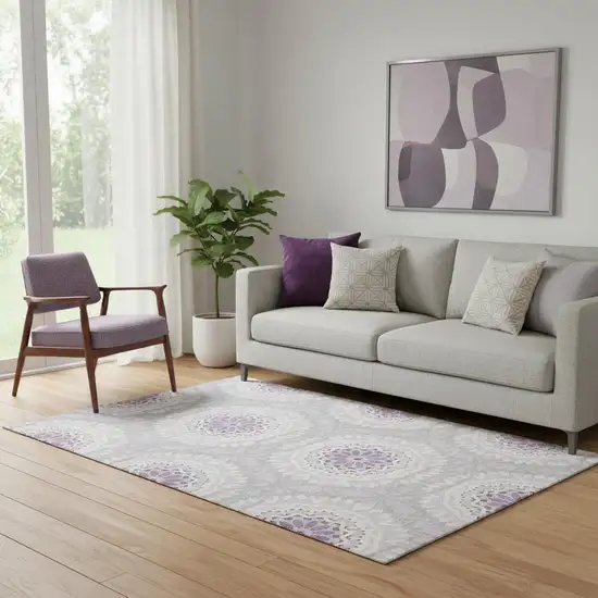 Lilac And Ivory Geometric Washable Area Rug With UV Protection Photo 1