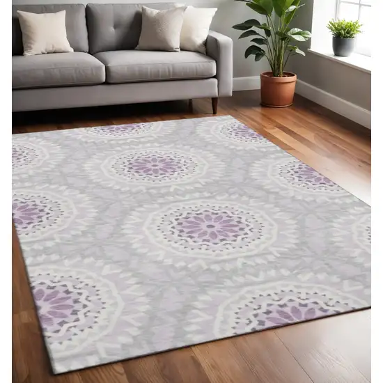 Lilac And Ivory Geometric Washable Area Rug With UV Protection Photo 2