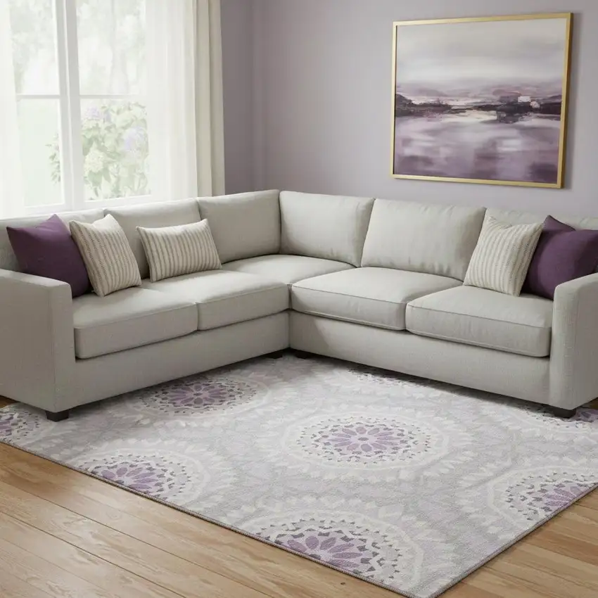 Lilac And Ivory Geometric Washable Area Rug With UV Protection Photo 1