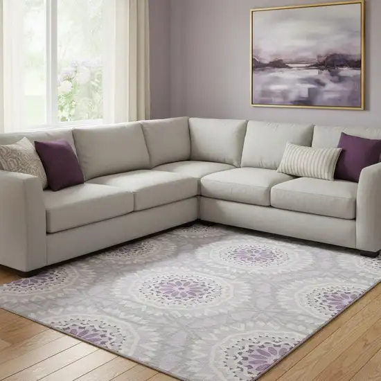 Lilac And Ivory Geometric Washable Area Rug With UV Protection Photo 1