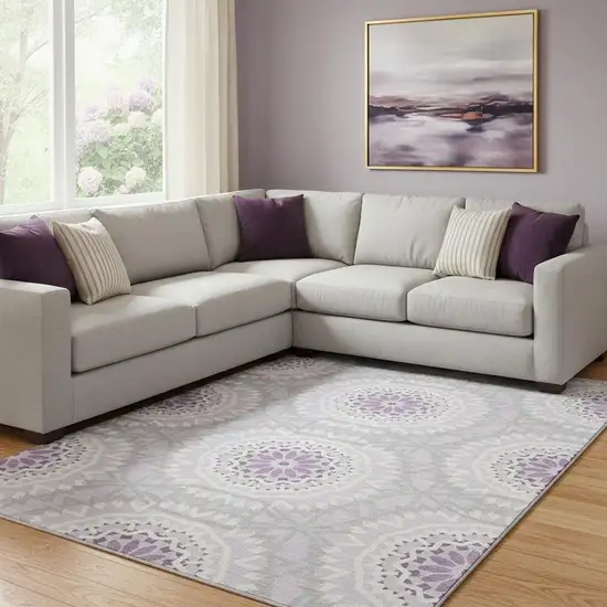 Lilac And Ivory Geometric Washable Area Rug With UV Protection Photo 1