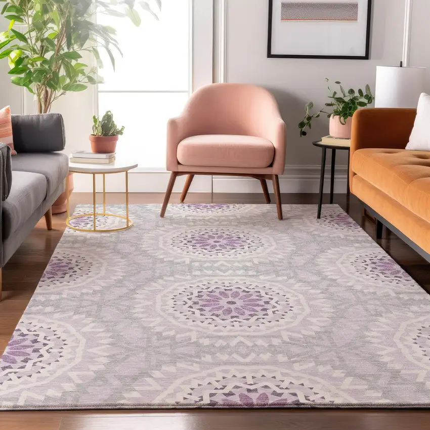 Lilac And Ivory Geometric Washable Area Rug With UV Protection Photo 5