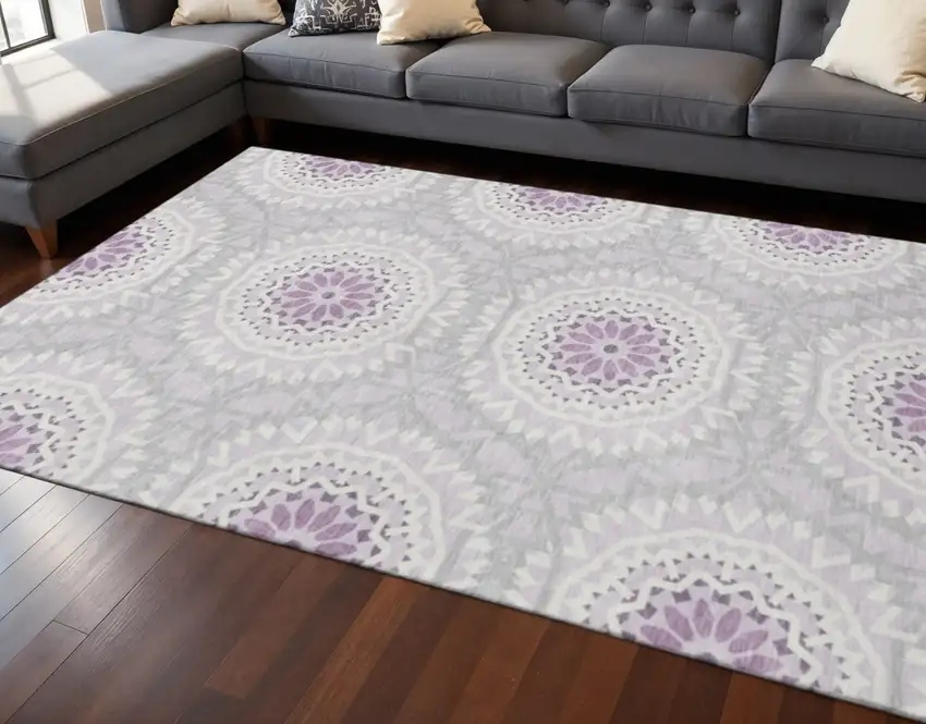 Lilac And Ivory Geometric Washable Area Rug With UV Protection Photo 2