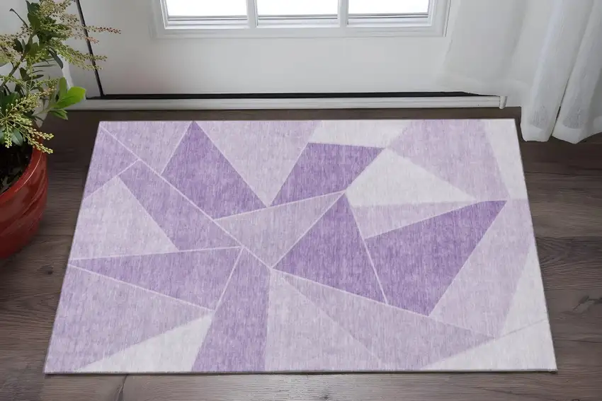 Lilac And Ivory Geometric Washable Area Rug With UV Protection Photo 2