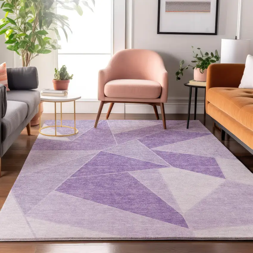 Lilac And Ivory Geometric Washable Area Rug With UV Protection Photo 4