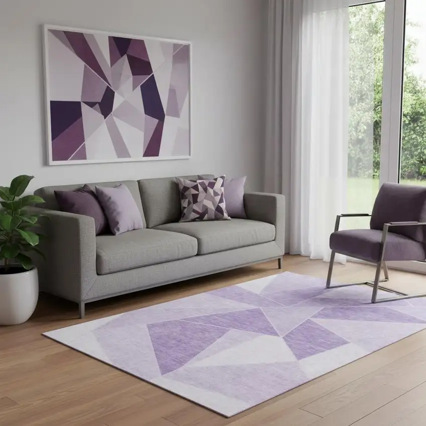 Lilac And Ivory Geometric Washable Area Rug With UV Protection Photo 1