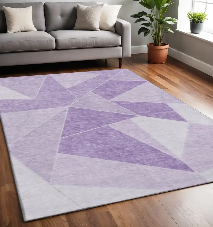Lilac And Ivory Geometric Washable Area Rug With UV Protection Photo 2