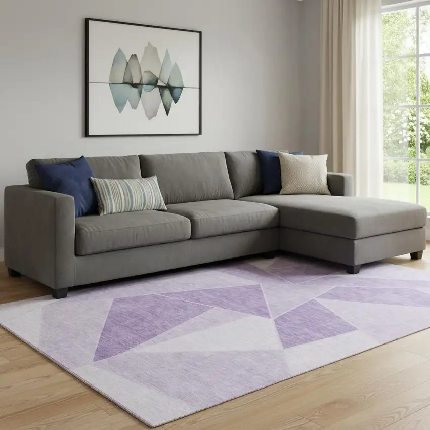 Lilac And Ivory Geometric Washable Area Rug With UV Protection Photo 1
