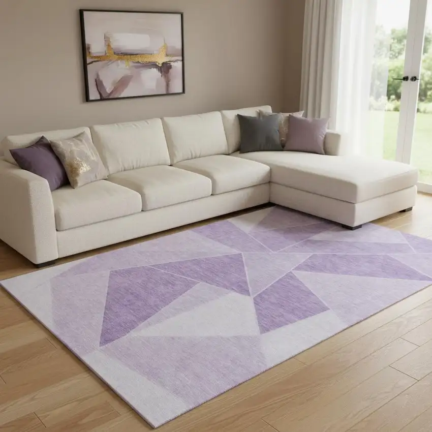 Lilac And Ivory Geometric Washable Area Rug With UV Protection Photo 1