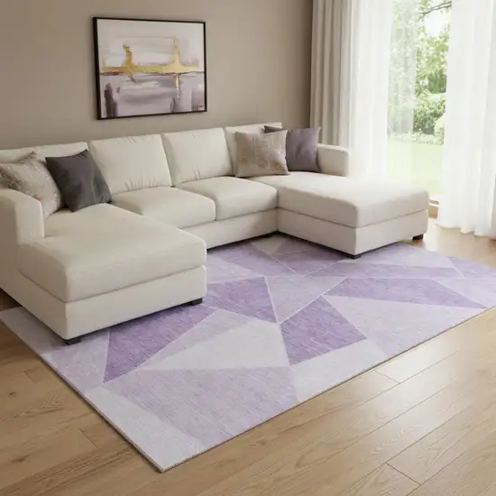 Lilac And Ivory Geometric Washable Area Rug With UV Protection Photo 1