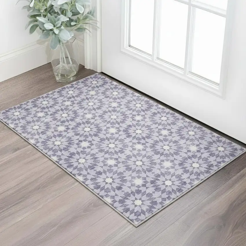 Lilac And Ivory Geometric Washable Area Rug With UV Protection Photo 2