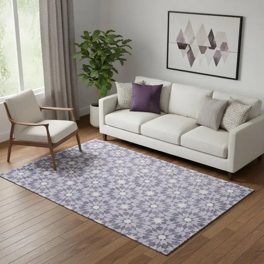 Lilac And Ivory Geometric Washable Area Rug With UV Protection Photo 1
