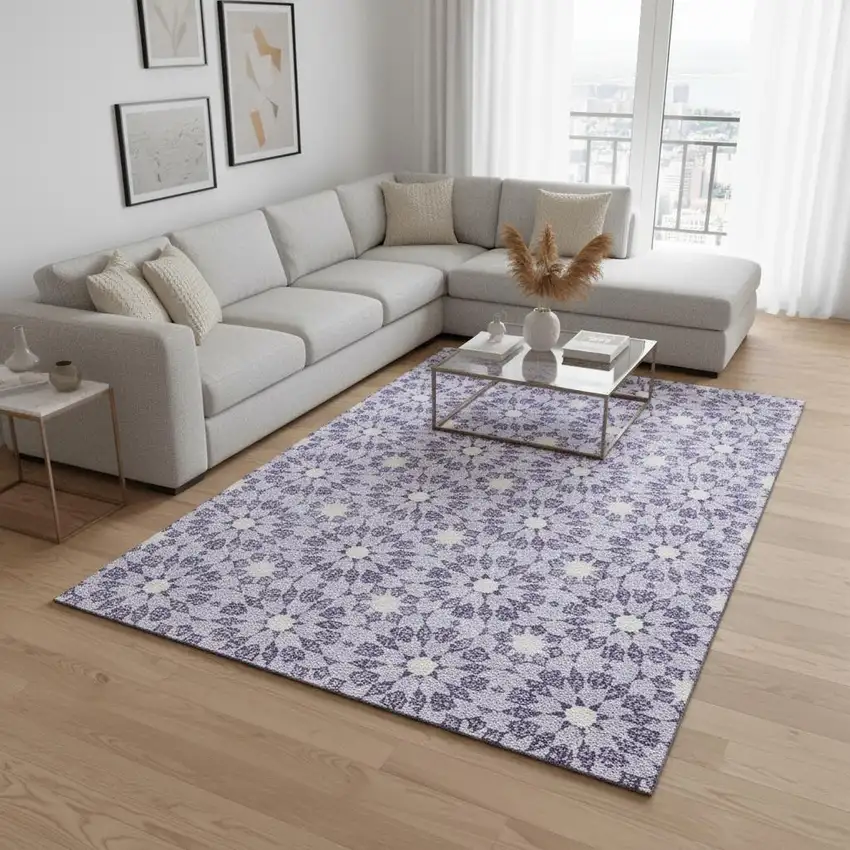 Lilac And Ivory Geometric Washable Area Rug With UV Protection Photo 2