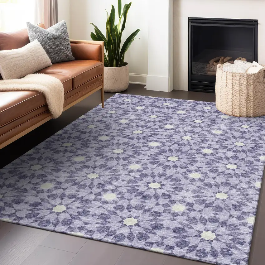 Lilac And Ivory Geometric Washable Area Rug With UV Protection Photo 6