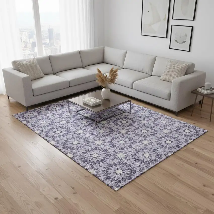 Lilac And Ivory Geometric Washable Area Rug With UV Protection Photo 2