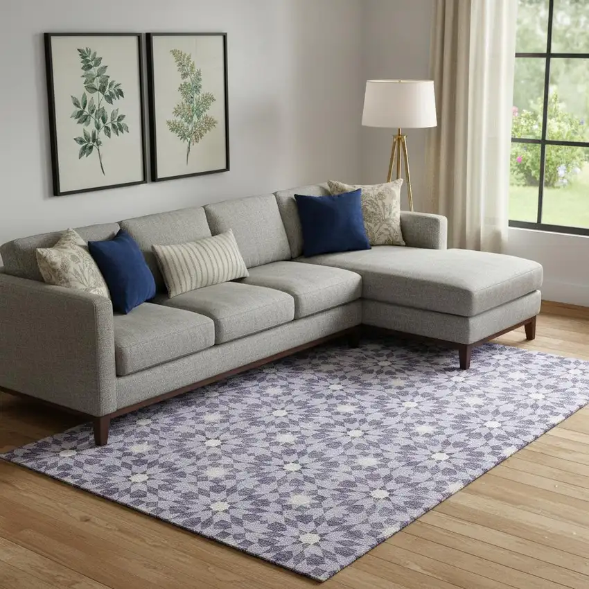 Lilac And Ivory Geometric Washable Area Rug With UV Protection Photo 1