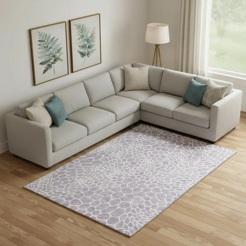 Lilac And Ivory Geometric Washable Area Rug With UV Protection Photo 1