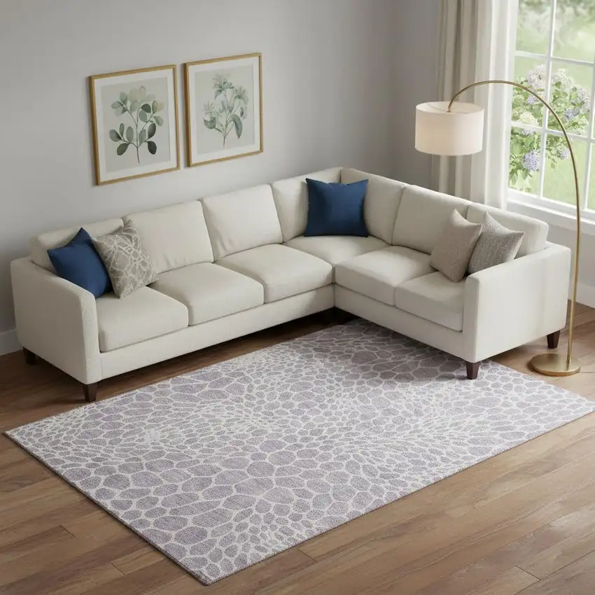 Lilac And Ivory Geometric Washable Area Rug With UV Protection Photo 1