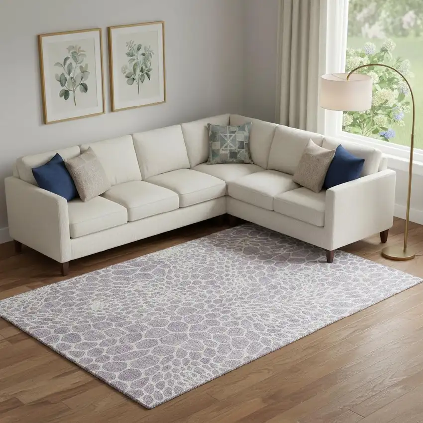 Lilac And Ivory Geometric Washable Area Rug With UV Protection Photo 1