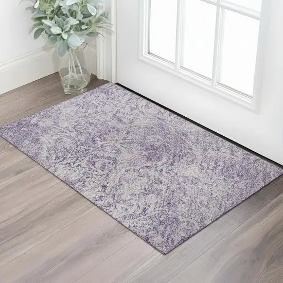 Lilac And Ivory Oriental Washable Area Rug With UV Protection Photo 2