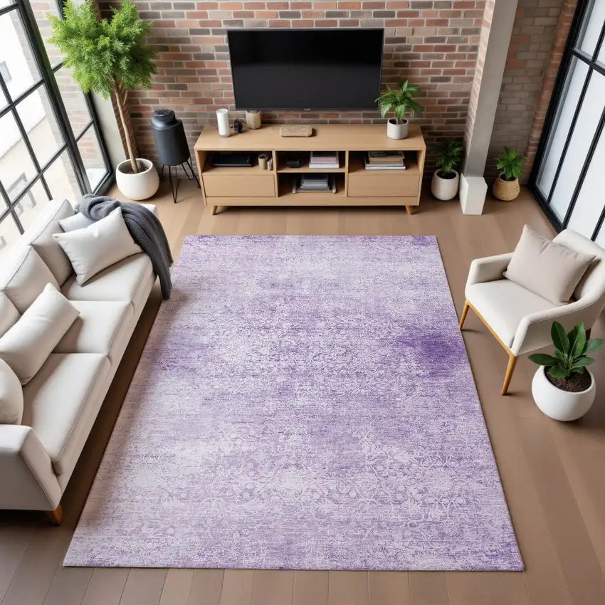 Lilac And Ivory Oriental Washable Area Rug With UV Protection Photo 5